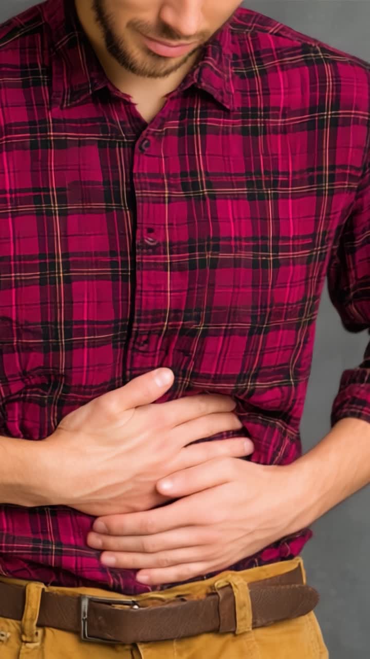 Joven con su abdomen, reflejando síntomas de malestar o dolor, vistiendo una camisa a cuadros y atuendo casual en un fondo neutro