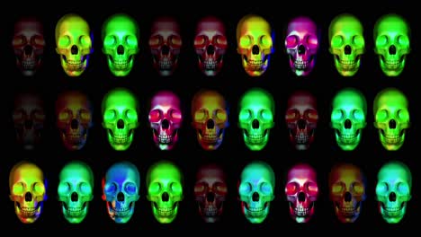 animation of human skulls, blinking in different colors horizontally in three rows, colorful candy animation, dark background good for blending with alpha matte option