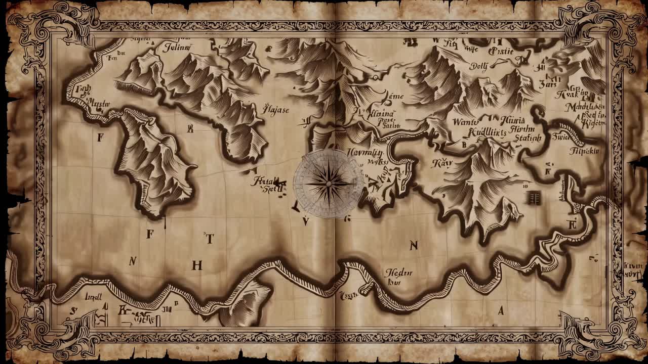 Vintage fantasy map with a bird's-eye view, showcasing mountains and rivers