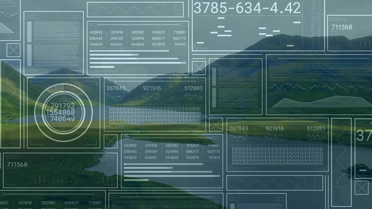Sequence starting UI panels fading in loading data and gauges fluctuating for analysis
