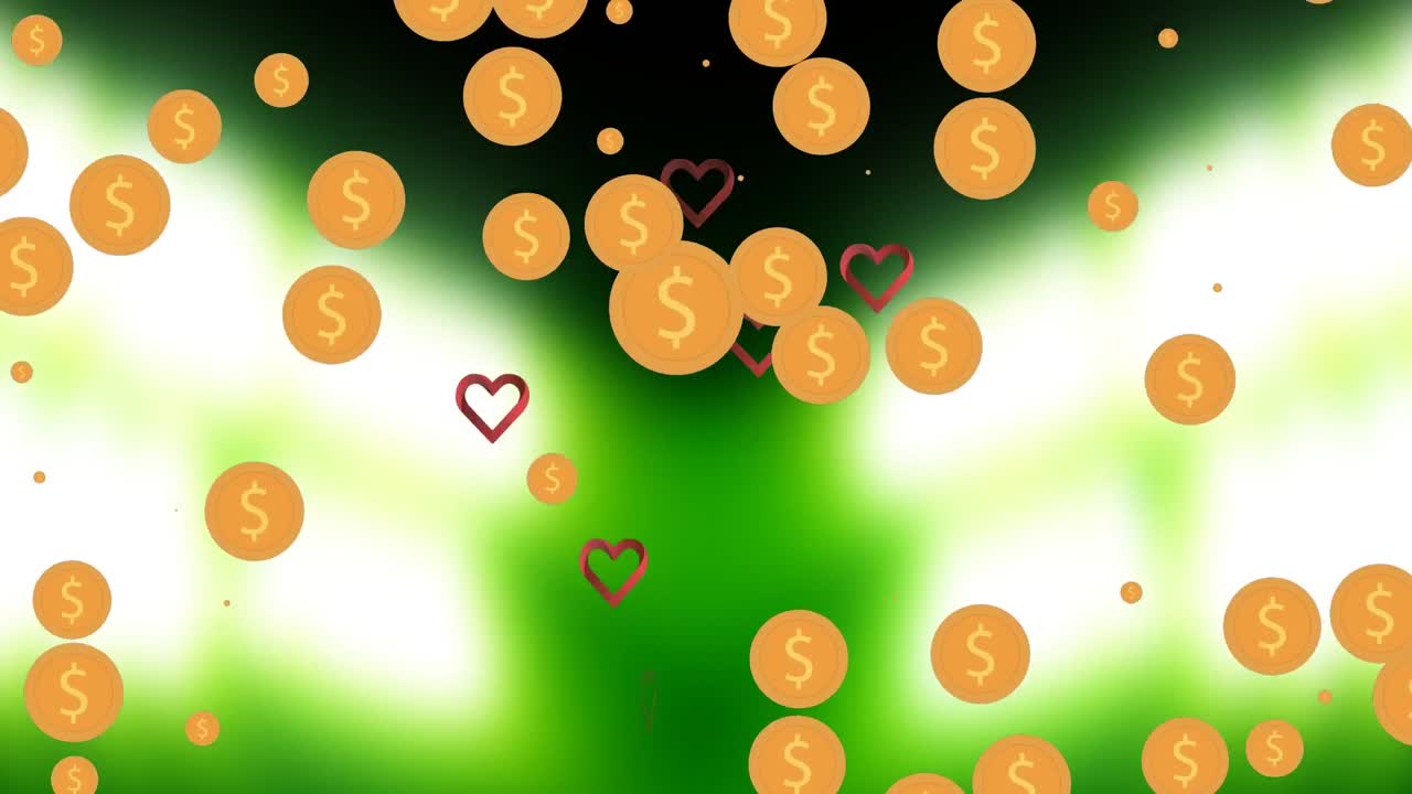 animación de iconos de corazón sobre monedas de dólar en fondo verde y negro