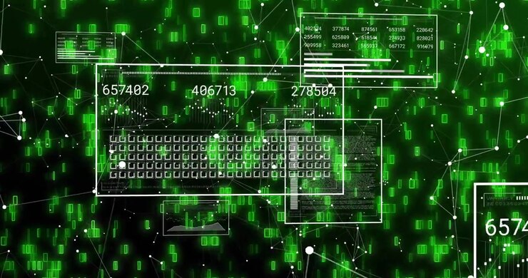 Visualizzazione di dati digitali con tastiera fluttuante e nodi di rete