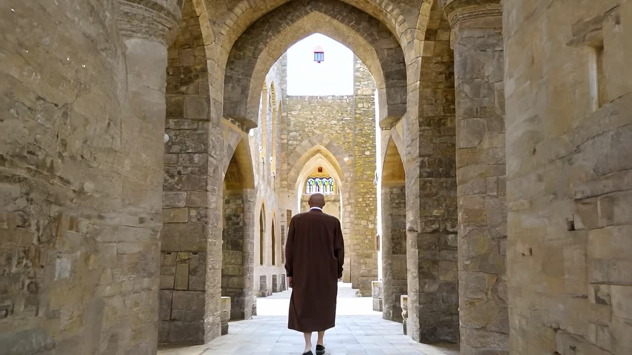 un hombre camina a través de un claustro