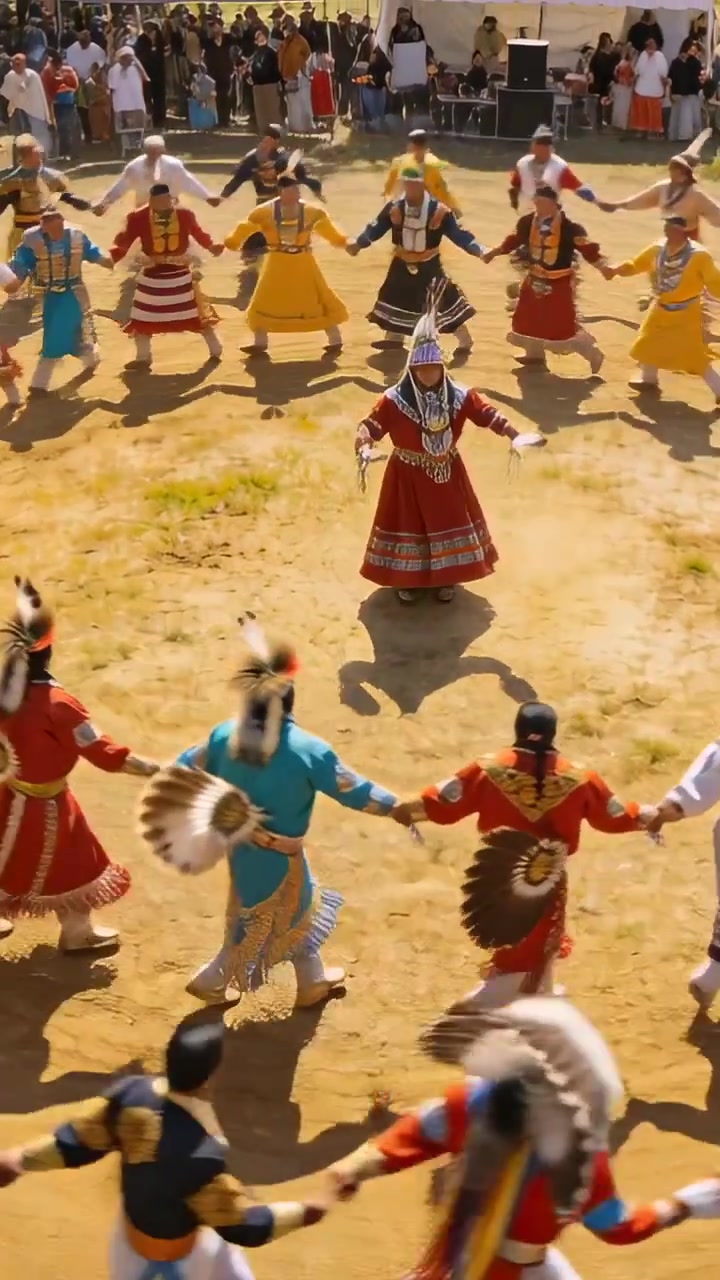 Vídeo vertical: Dançarina solo rodopiando com saiote vermelho, guiando dançarinos em círculo ao redor da arena para uma cerimônia.