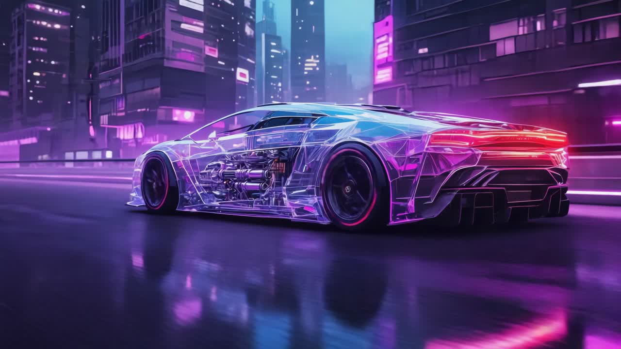 Futuristic Transparent Supercar in Neon Cityscape