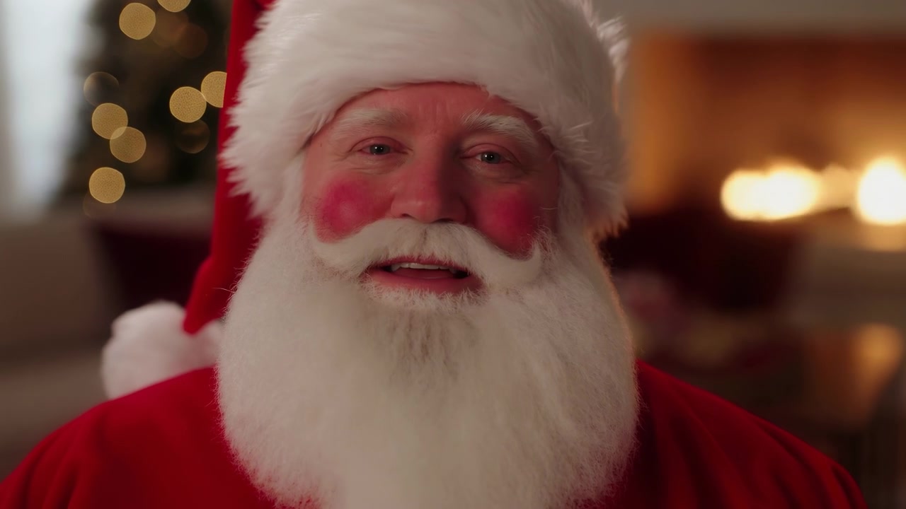 Babbo Natale in posa e sorridente, in un ambiente festivo interno con albero di Natale e luci, da una prospettiva di primo piano frontale, con accenti rossi e bianchi.