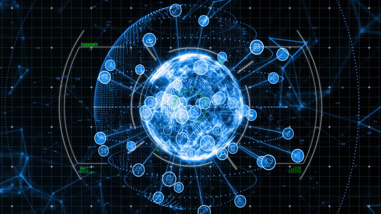 анимация глобальных сетевых соединений и обработка данных на фоне цифровой сетки