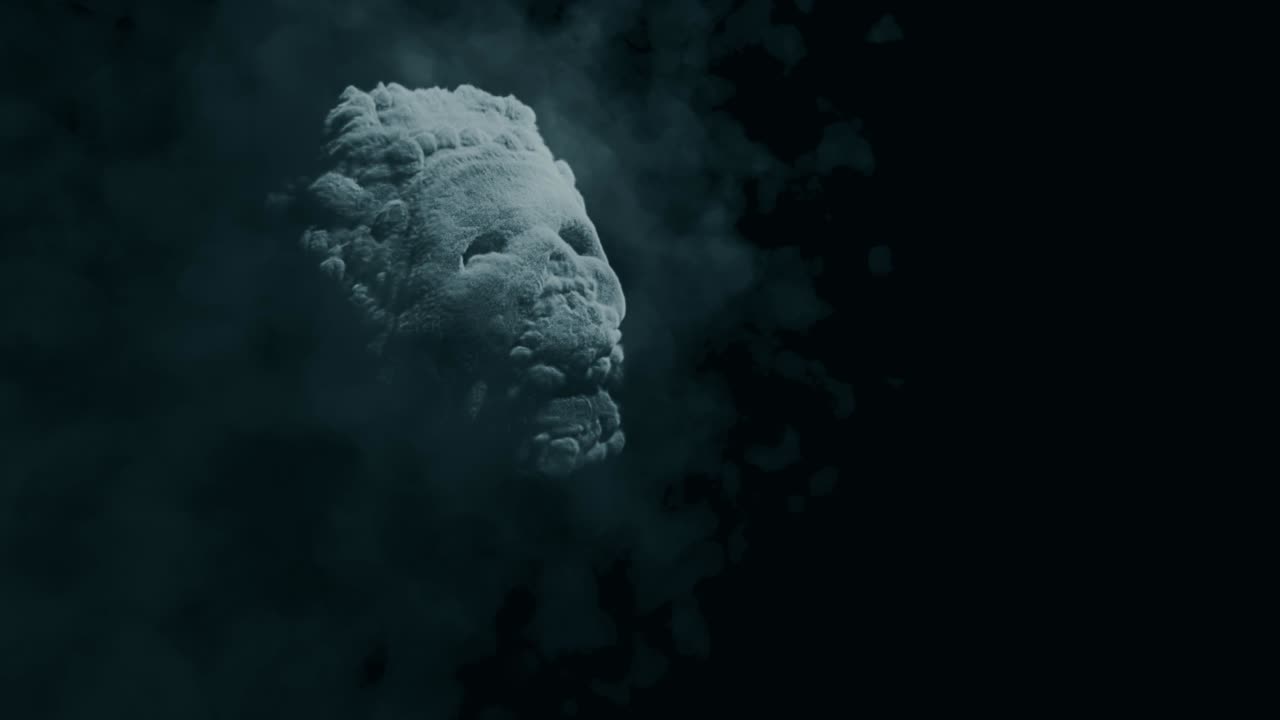 la silueta del cráneo vuela a través de la niebla sobre un fondo negro, horror, historia de terror. perfume y fantasmas, halloween