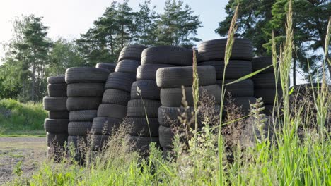 haufen alter gebrauchter autoreifen, umgeben von überwachsenem gras