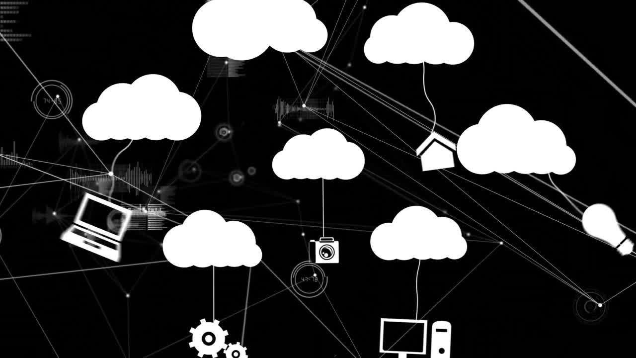 animación de iconos de medios y red de conexiones sobre fondo negro