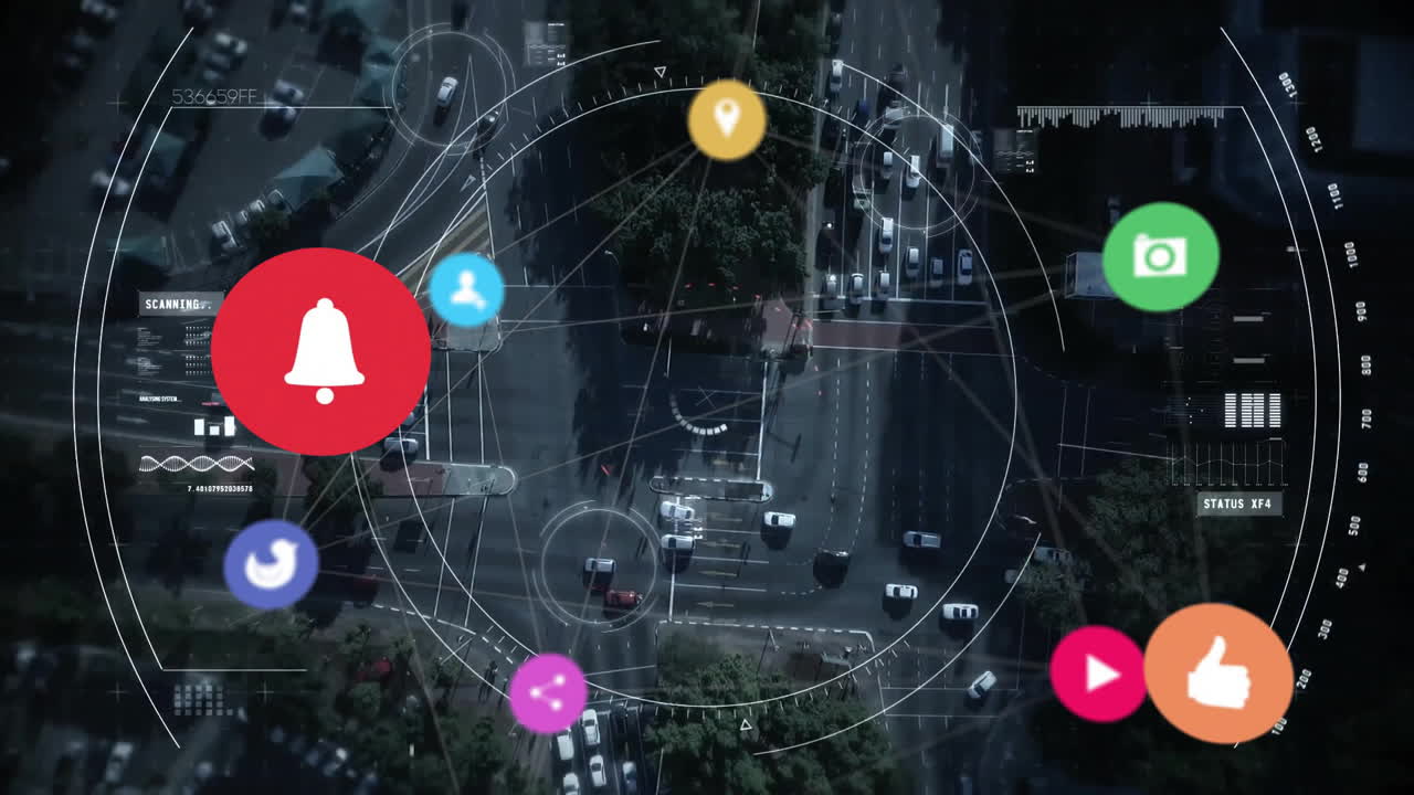 Animation of digital network icons overlaying busy city intersection with cars