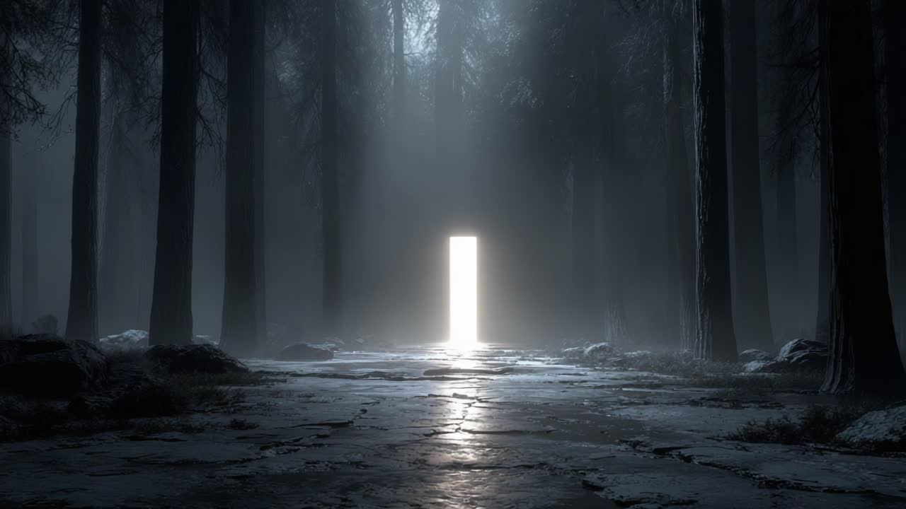 A Mysterious Doorway Illuminated in a Dark Enchanted Forest Surrounded by Towering Trees and a Haunting Atmosphere, Evoking Intrigue and Wonder in Nature's Embrace