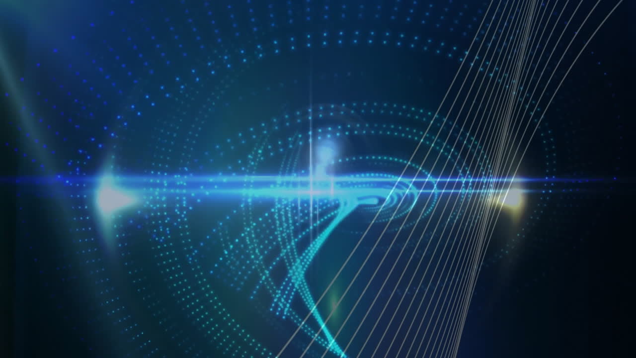 Circular digital patterns and lines with blue light, futuristic technology animation