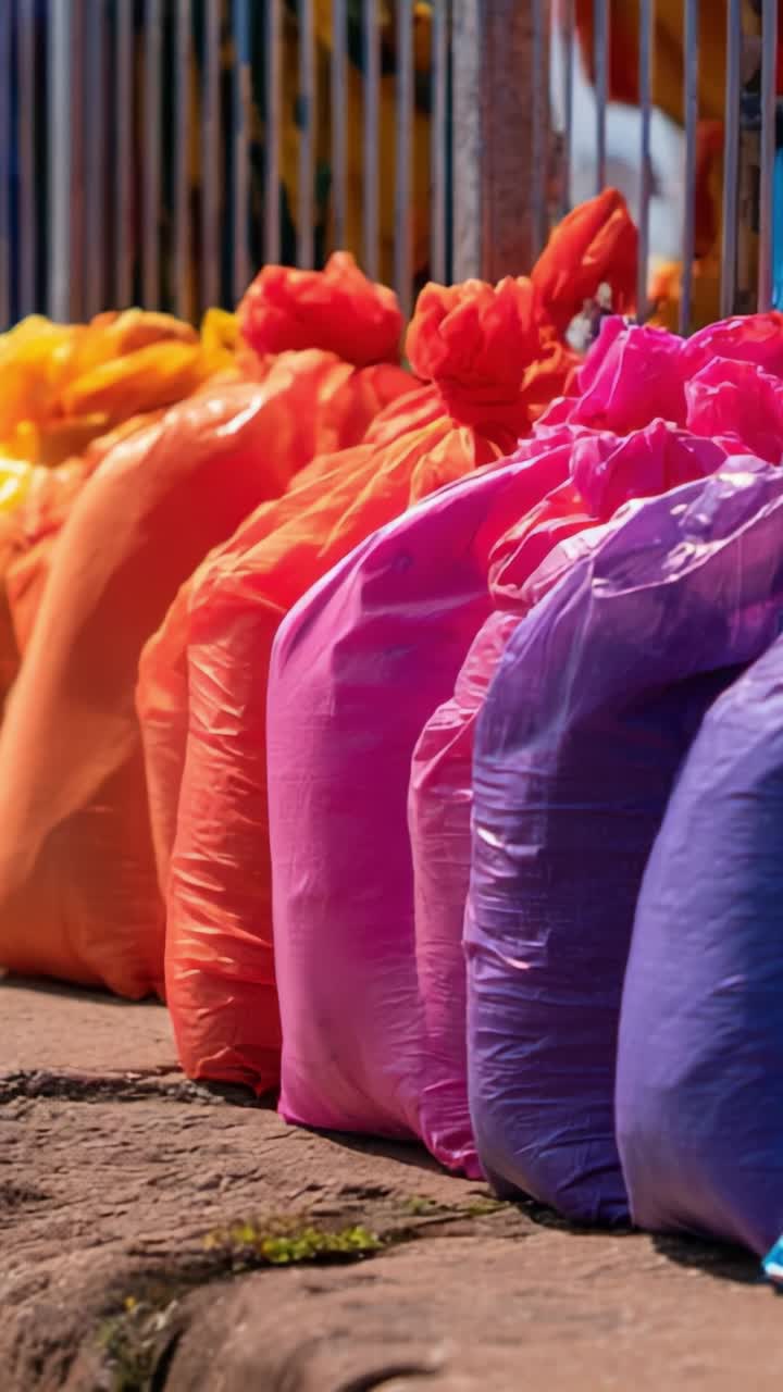 Vibrant Colored Garbage Bags Lined Up Against A Fence Showcasing A Rainbow of Bright Hues for Waste Management and Recycling Awareness Efforts Alongside Streets