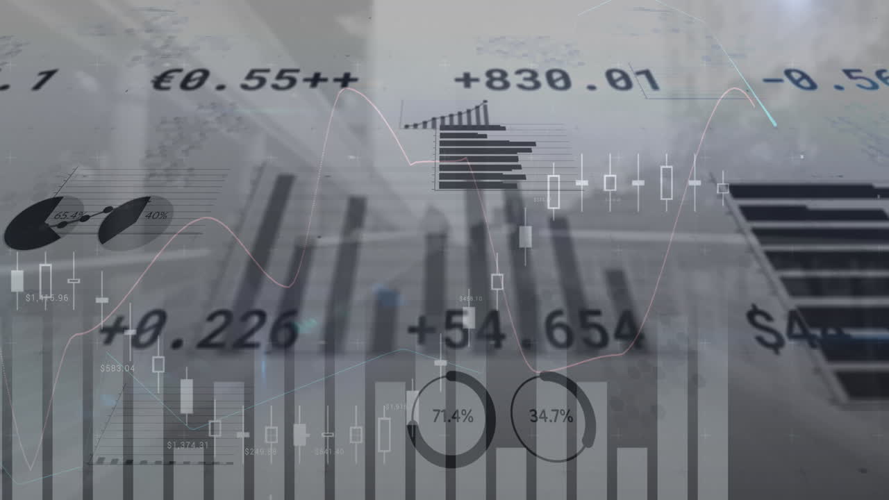 Animation of multiple graphs and trading board over modern buildings against sky