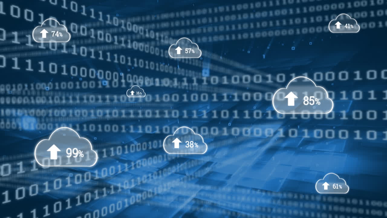 구름 아이콘의 애니메이션과 어두운 배경의 데이터 처리