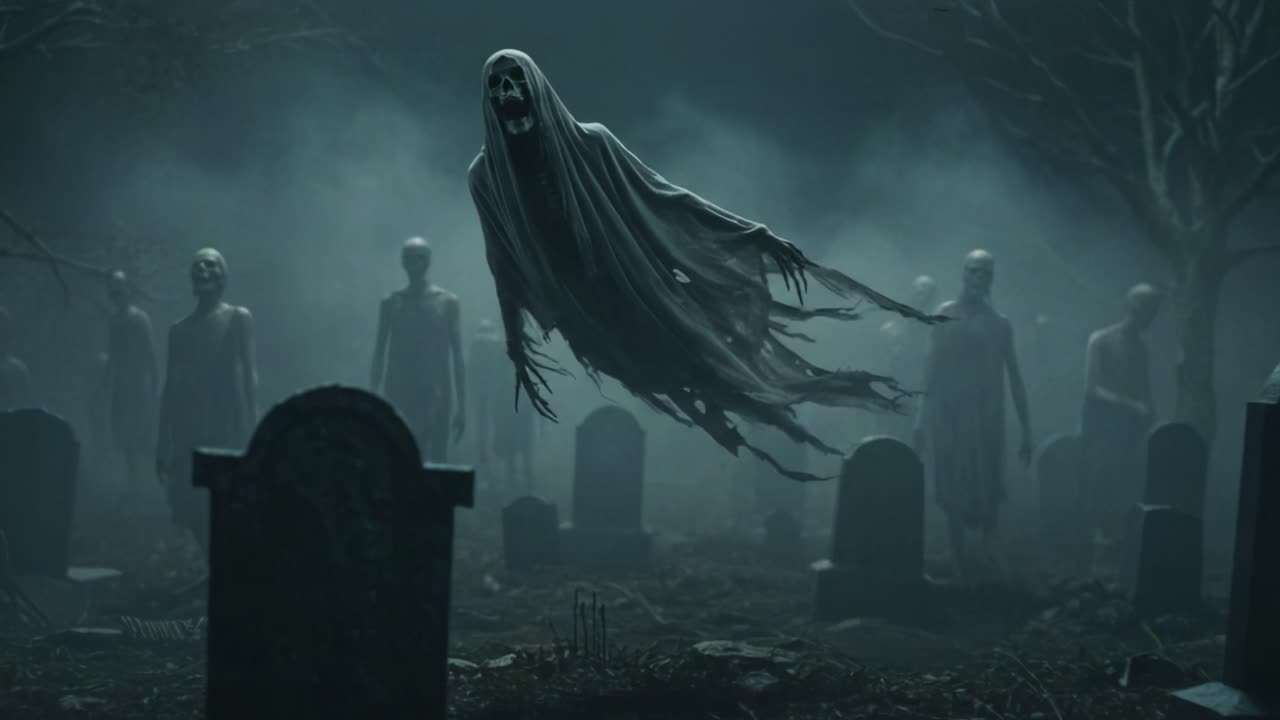 Chilling Encounter with the Supernatural: A Haunting Specter Probes the Ghostly Graveyard, Surrounded by Eerie Shadows and Disturbing Apparitions in the Mist