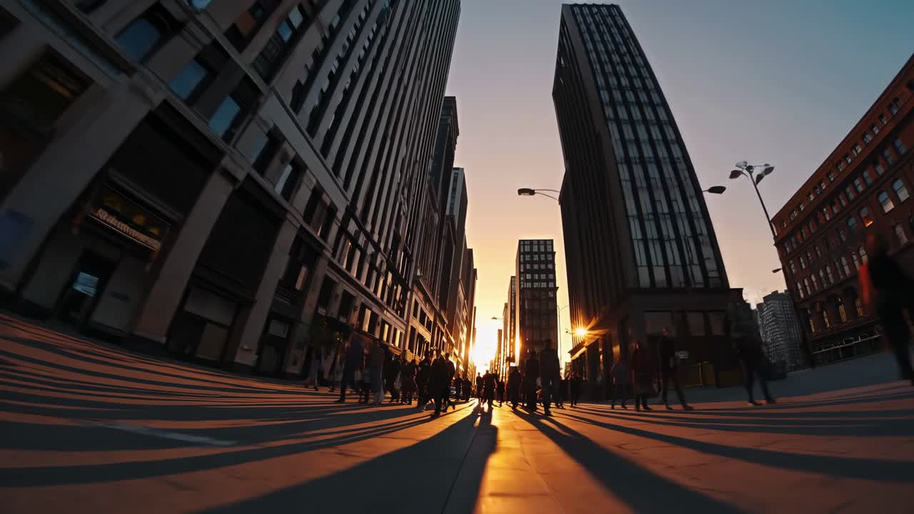 Dynamic street scene at sunset, captured from a low-angle, showcasing urban life and movement