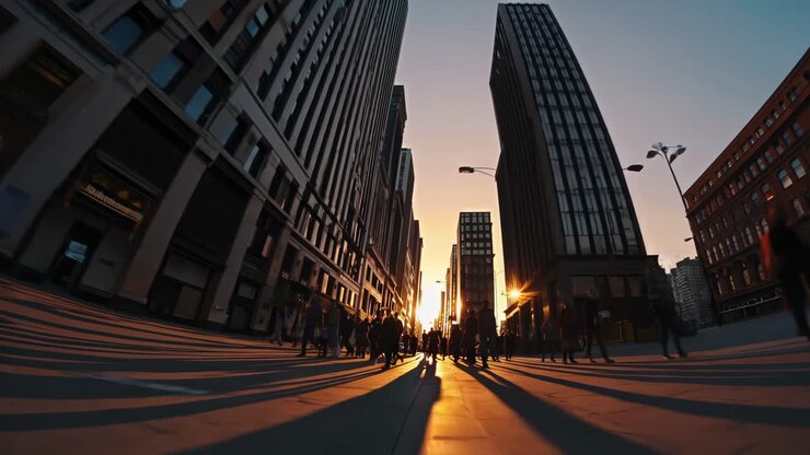 Dynamic street scene at sunset, captured from a low-angle, showcasing urban life and movement