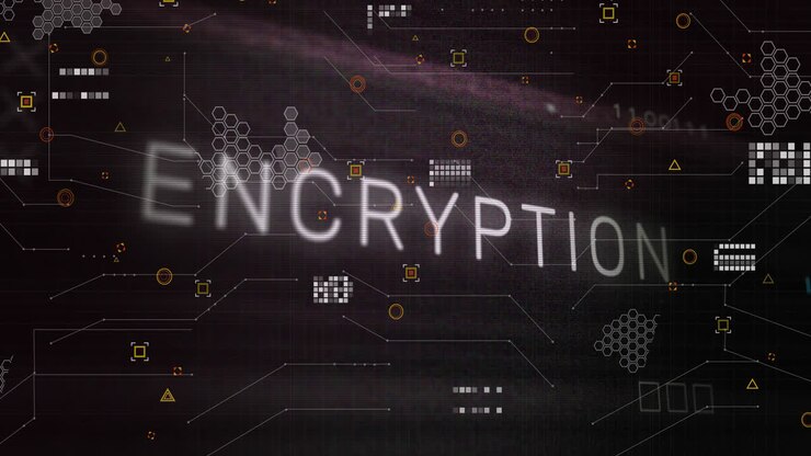 Animation of x symbol on encryption text over circuit board patterns against black background