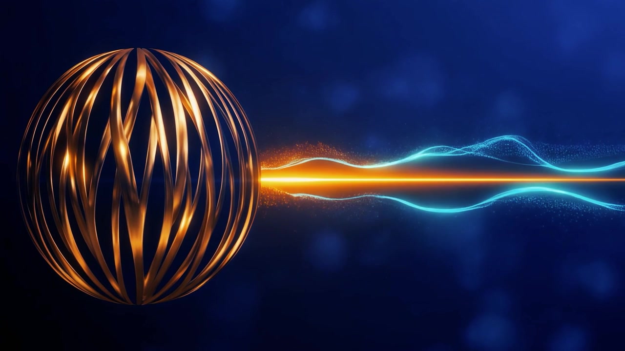 Abstract Golden Sphere with Glowing Energy Wave on Blue Background