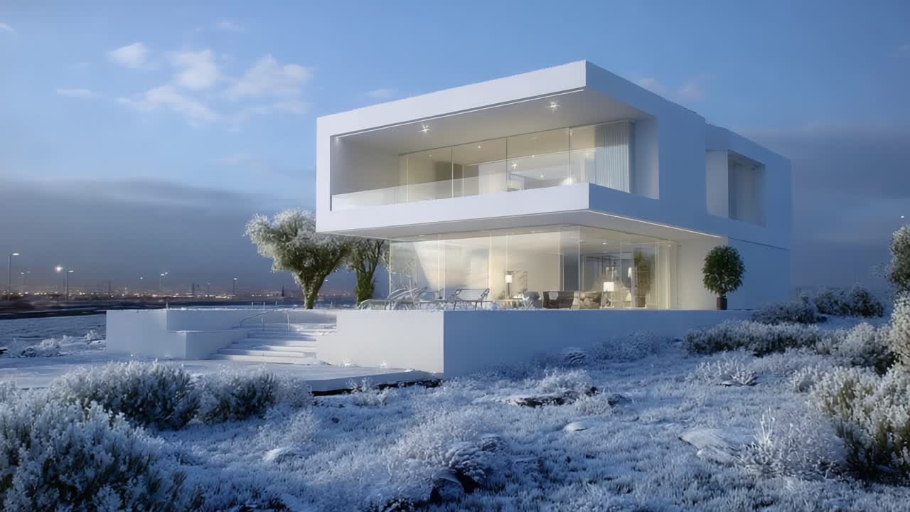 A Modern Architectural Marvel: Sleek White House Set Against a Frosted Landscape at Dusk, Showcasing Contemporary Design with Large Windows and Scenic Surroundings