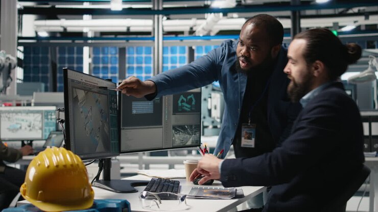 Engineers at work in industrial setting