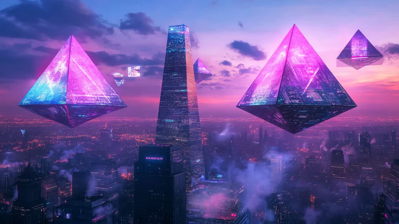 Futuristic Cityscape with Floating Pyramids