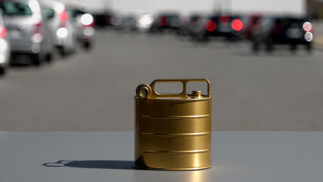 golden jerry can in a parking lot