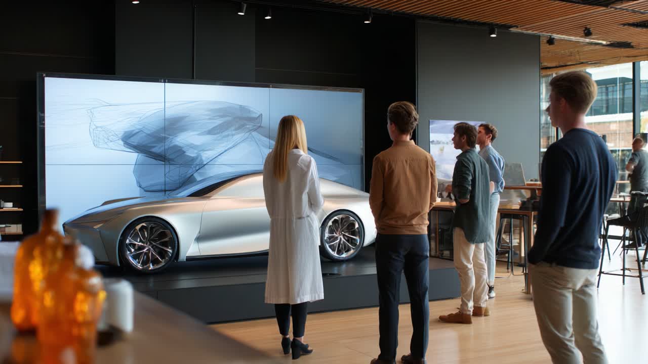 A group of people admiring an innovative car design displayed on a large screen in a modern showroom, showcasing cutting-edge automotive technology and creativity