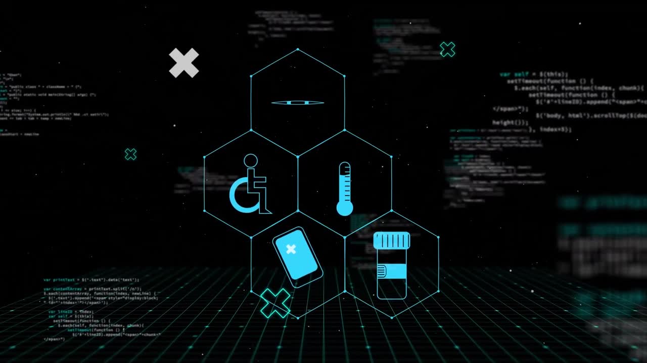 Animation of medical icons and data processing on black background
