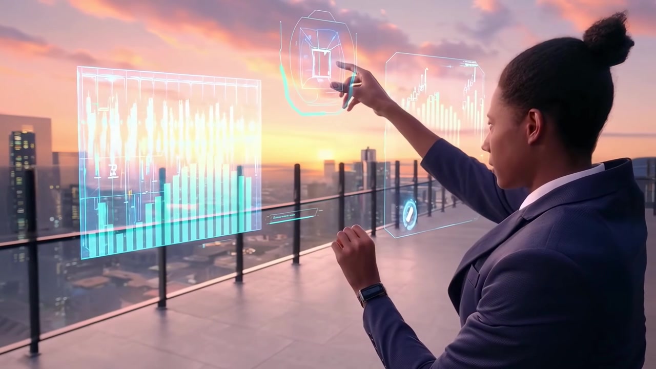 Professional Man Interacting with Holographic Data Interface on City Rooftop at Sunset