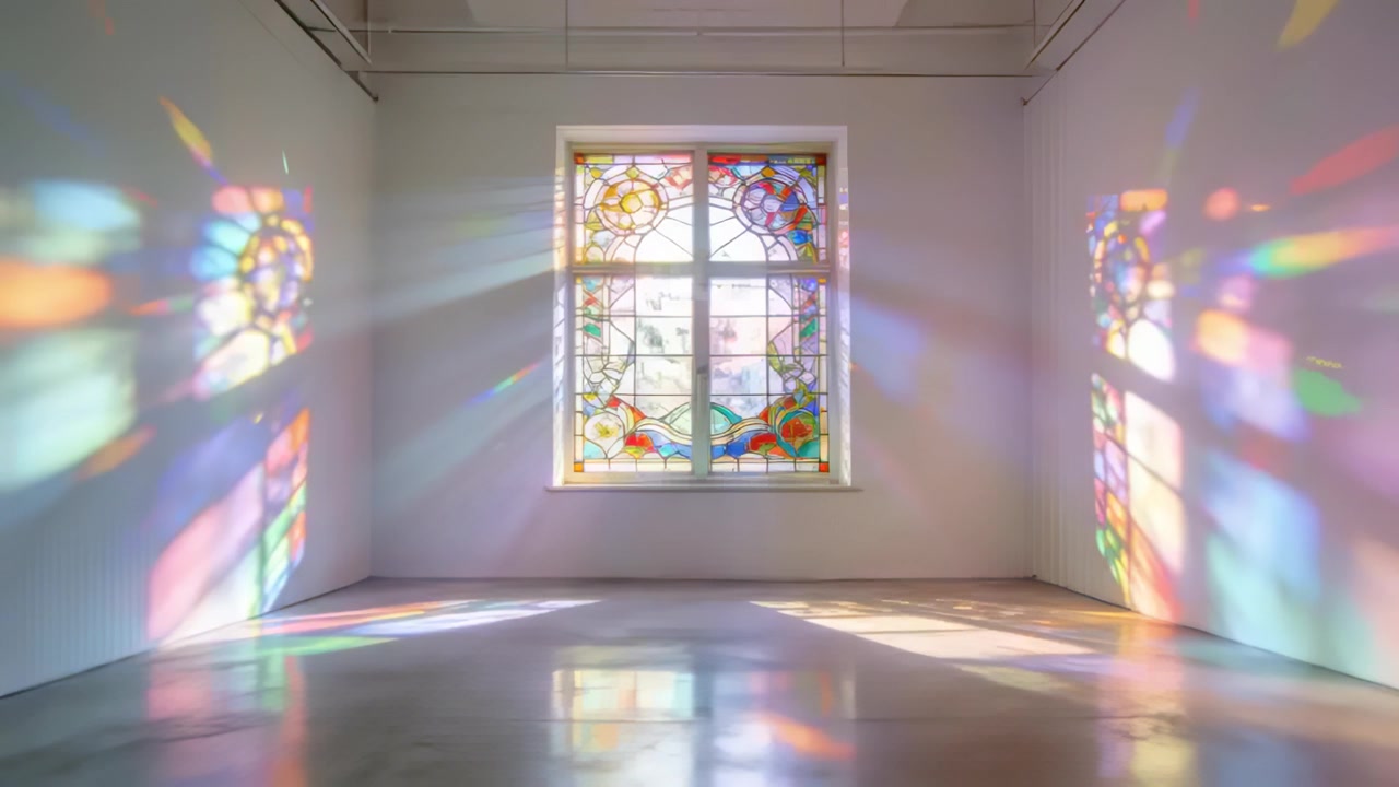 Sunlight entering stained glass window casting shifting colored patches across gallery floor, walls