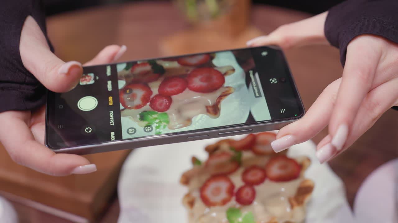 Close view of female hand holding smartphone while taking photo of waffle topped with cream, sliced strawberries, and fresh green leaf garnish on white plate over wooden table in cozy indoor setting