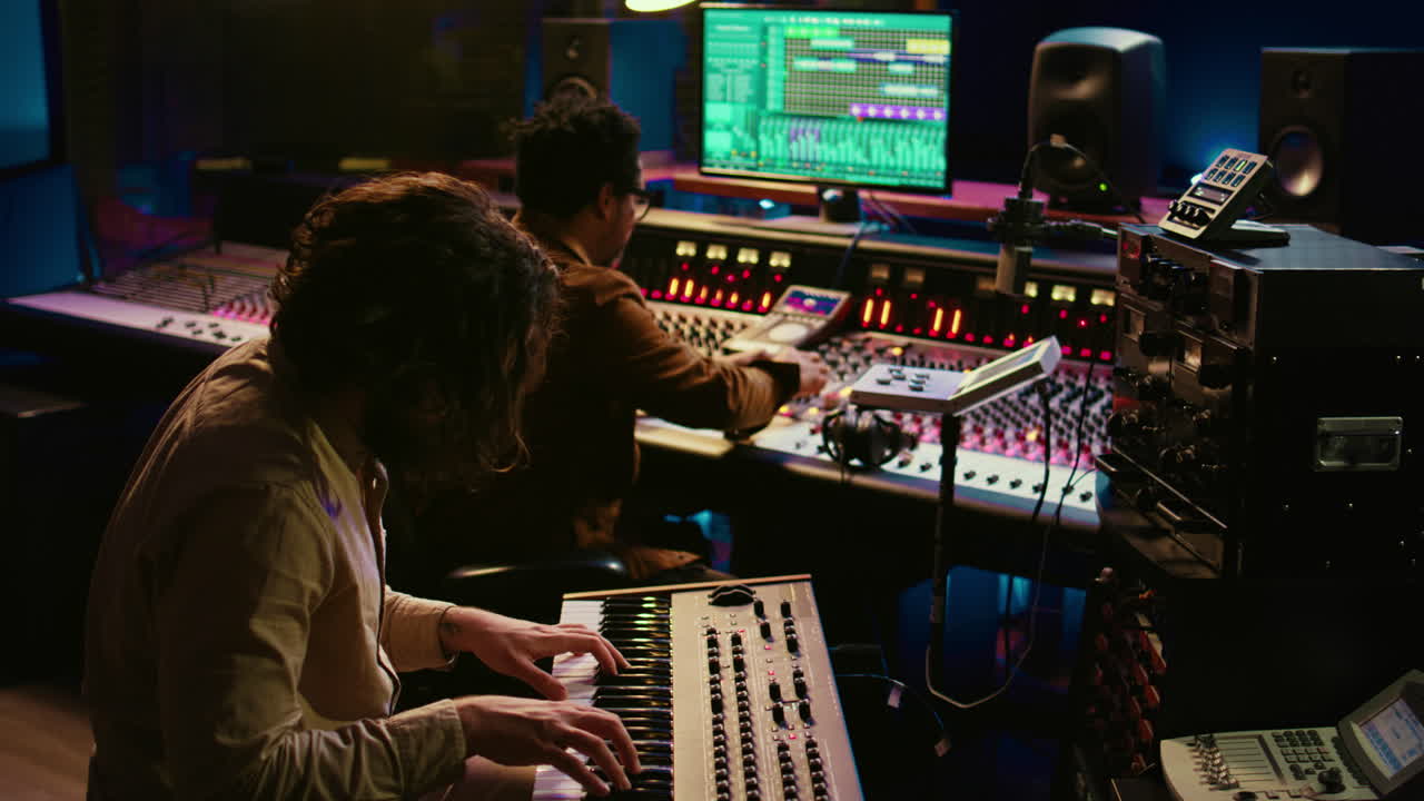 artista hábil cantante grabando canciones en un controlador midi electrónico