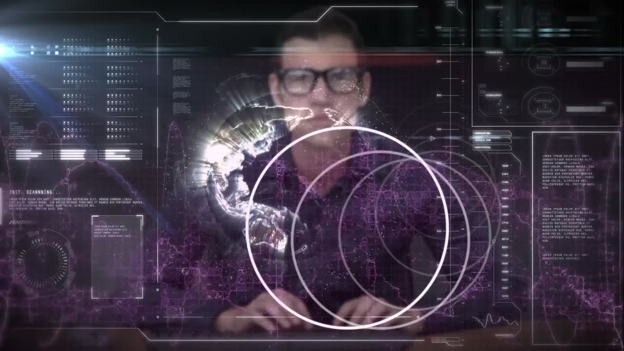 animación de círculos y globo sobre empresario caucásico y procesamiento de datos