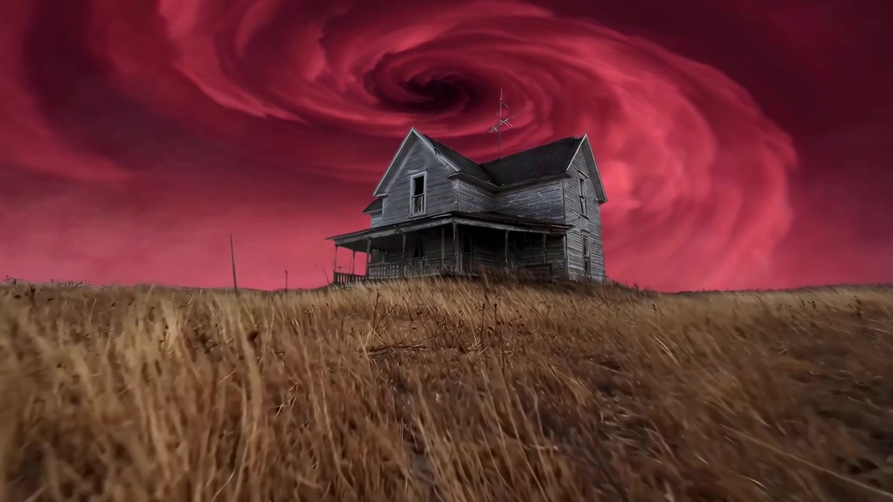 Casa abbandonata in un campo sotto un cielo tempestoso rosso e drammatico.