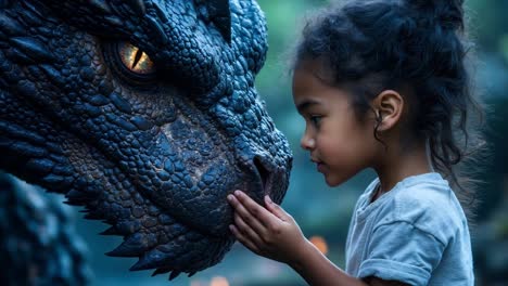 a little girl is petting a dragon's head