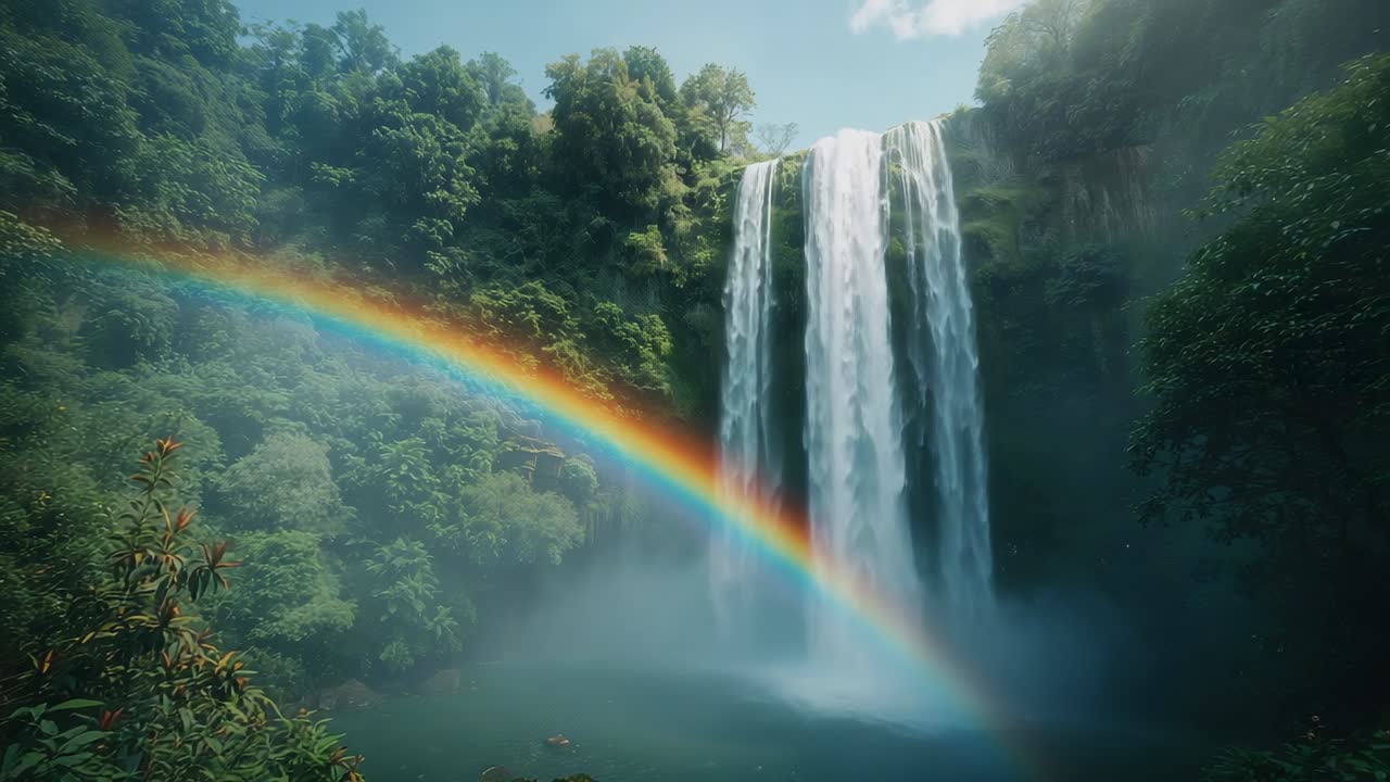 Showcasing waterfall plunging into misty pool at canyon, sunlight filtering leaves creating rainbow