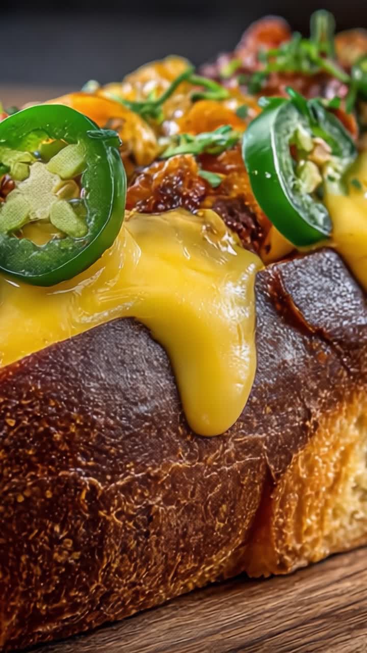 Lækkert smeltet cheddar og krydrede jalapeños på et friskbagt brød, der viser kulinarisk nydelse i hver bid.