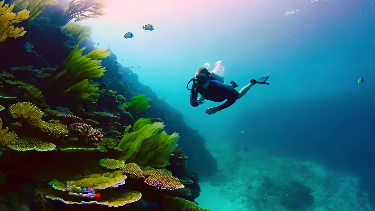 활기찬 산호초 를 탐험 하는 스쿠버 다이버