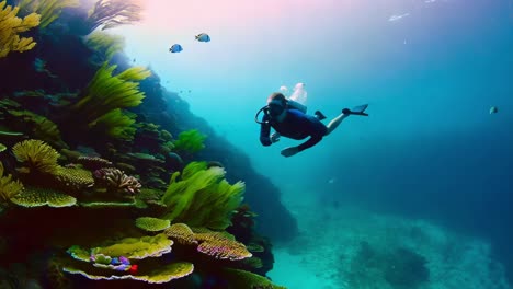 scuba diver exploring a vibrant coral reef