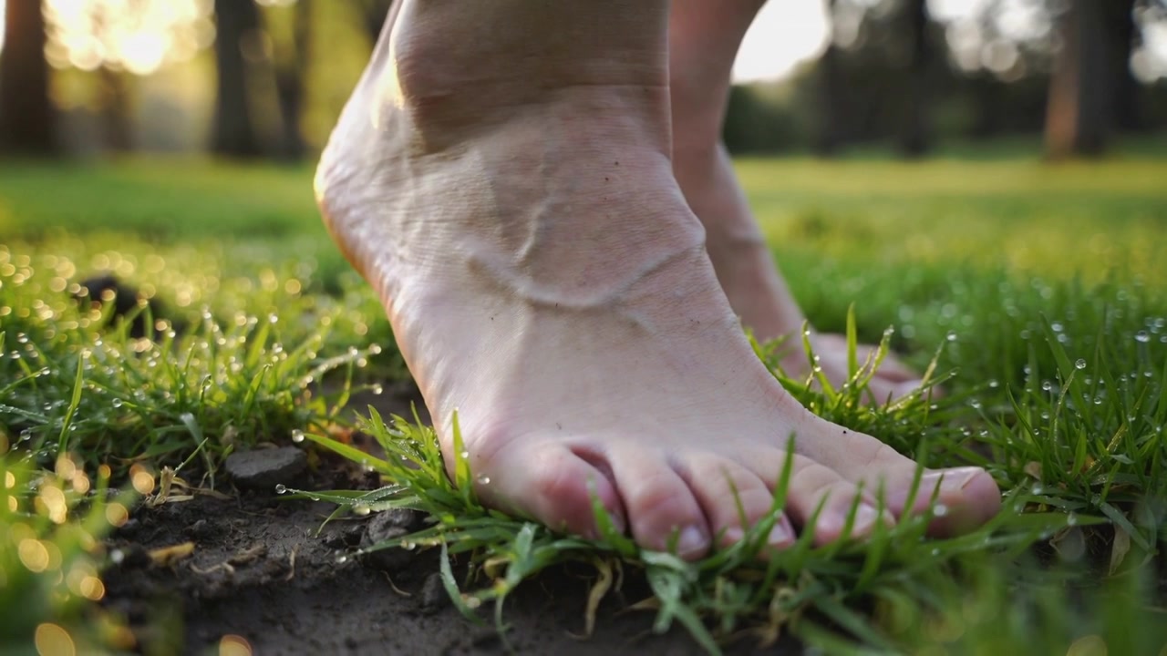 Stepping single bare foot lowering onto dewy grass in park, pressing, pushing off during dawn walk
