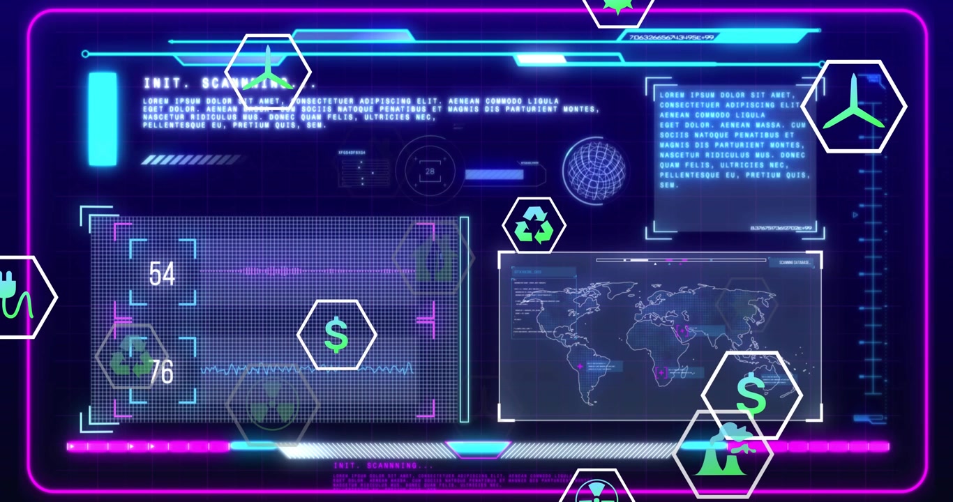 Neon holographic interface powering on, scanning stats, icons drifting, map lighting for monitoring