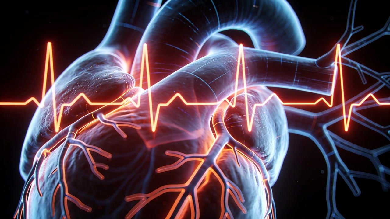 Modello di cuore pulsante che risponde a una forma d'onda ECG che avanza in un vuoto 3D scuro, con arterie coronarie luminose.
