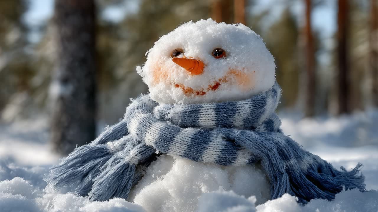 Charming Snowman Smiling in the Winter Wonderland, Embraced by a Soft Layer of Snow with a Cozy Scarf on a Bright Sunny Day in Nature's Frosty Embrace