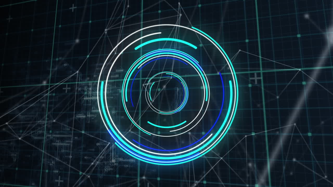 animación del escáner redondo de neón girando sobre la red de red contra la red de conexiones