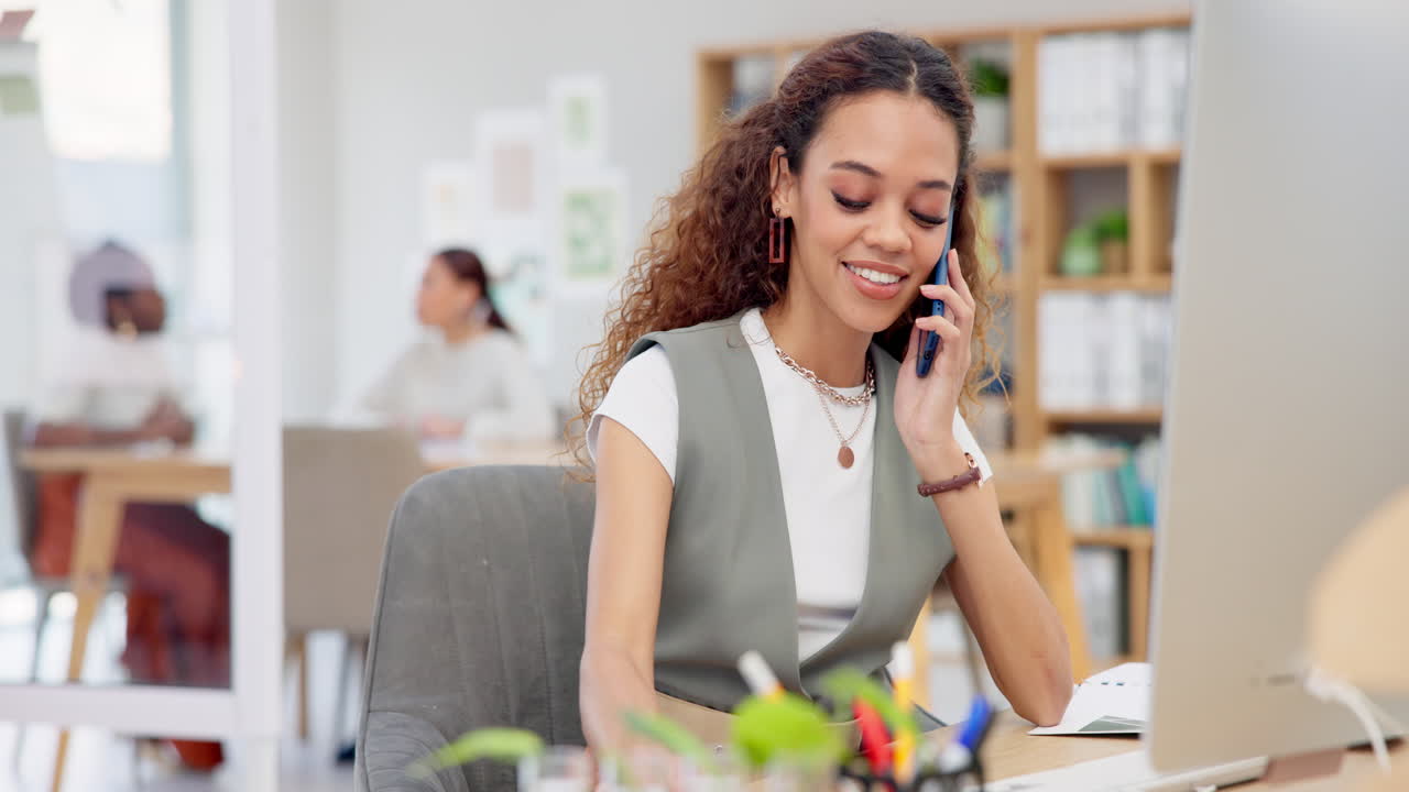 Happy woman, phone call and computer for marketing