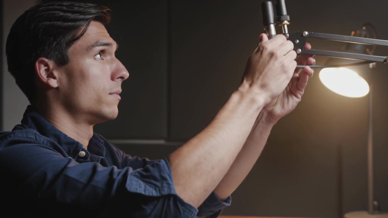 Atteignant une perche de micro, un homme en chemise bleu marine à un bureau ajustant le micro pour l'enregistrement, avec espace pour le texte.