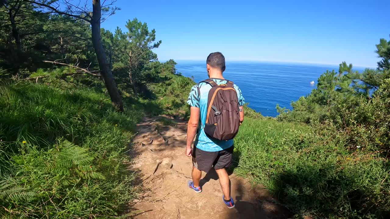 Man Hiking on Coastal Trail with Ocean View